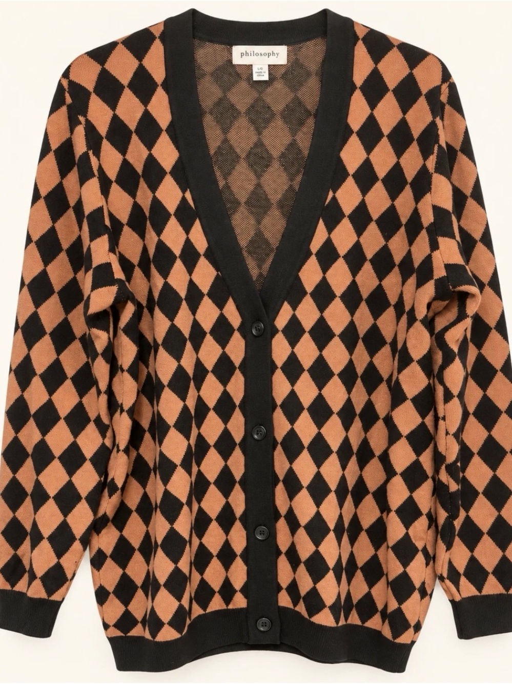 Philosophy Black and Tan Diamond Argyle V-Neck Cardigan | L